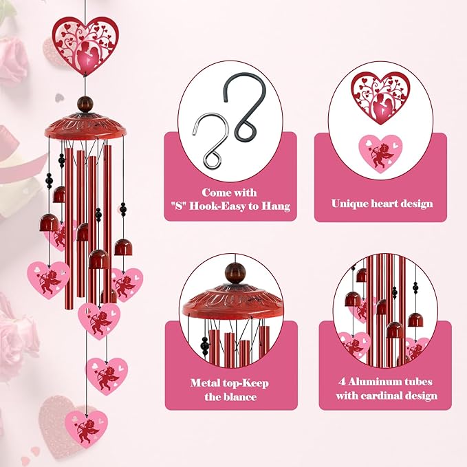 Love Heart Wind Chimes Outdoor,Romantic Metal Wind Chime for Couples – Valentine’s Day Anniversary Wedding Gift for Wife & Husband, Cupid & Couple Garden Porch Decor (Red)