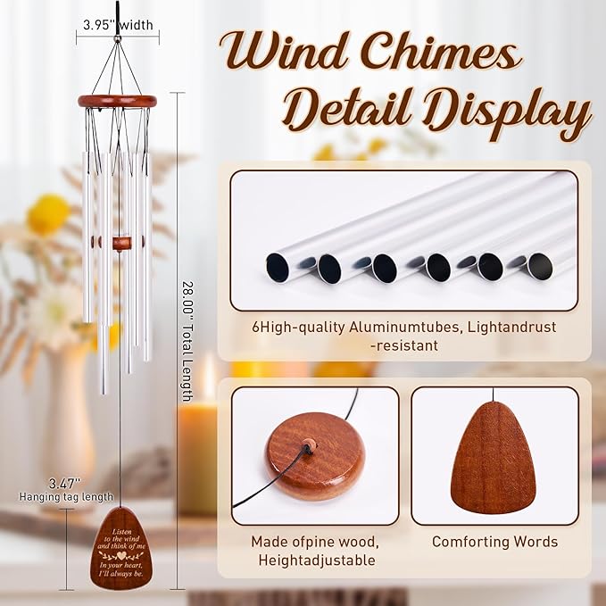 Wind Chimes for Outside, 28" Sympathy Memorial Wooden Wind Chimes for Loss of Loved One Mother Father, Pet Sympathy Gift Suitable for Outdoor, Garden, Patio Decoration Home Decor, Silver