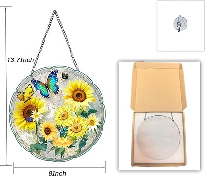Stained Glass Window Hanging Sunflower 8 Inch, Indoor Outdoor Wall Art Home Decor, Sun Catchers,Birthday for Women Men
