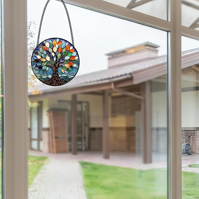 Stained Glass Window Hanging, Tree of Life Sun Catchers Glass Panel Colorful Suncatcher Decor for Birthday, Women, Men, Wife, Aunt, Lovers, Home Garden 7.8 in