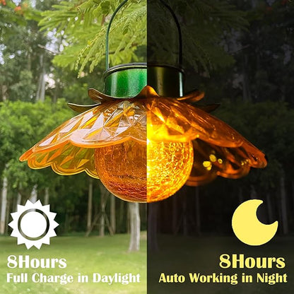XUWEN Hanging Solar Lantern Outdoor - Yellow Solar Flower Lights with Crackle Globe Glass, Hanging Lanterns Decorative Outdoor for Walkway Pathway Patio Yard, Christmas Housewarming Gifts for Women.