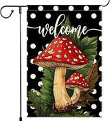 Welcome Spring Summer Garden Flag Polka Dots mushrooms Garen Flags 12x18 inch Double Sided Vertical Burlap Outdoor Lawn Patio Rustic Farmhouse Decor