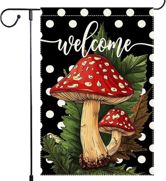 Welcome Spring Summer Garden Flag Polka Dots mushrooms Garen Flags 12x18 inch Double Sided Vertical Burlap Outdoor Lawn Patio Rustic Farmhouse Decor