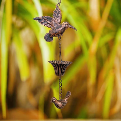 8.5FT Rain Chain, Hummingbird Rain Chains for Gutters, Functional and Decorative Replacement Downspout Chain for Outside, Metal Garden Rainwater Diverter Catcher Chains, Antique Copper