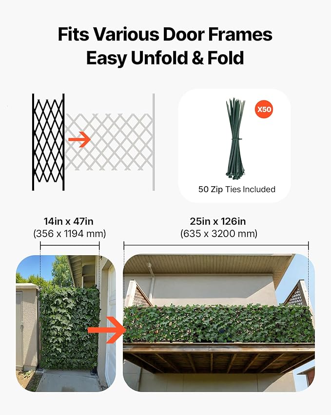 VEVOR Expandable Fence Privacy Screen, 25 x 126 in Expand Artificial Plant Wall, Realistic Artificial Ivy Panel with 50 Zip Ties, Decorative Faux Greenery Backdrop Hedges for Balcony Patio Outdoor
