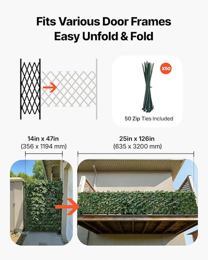 VEVOR Expandable Fence Privacy Screen, 25 x 126 in Expand Artificial Plant Wall, Realistic Artificial Ivy Panel with 50 Zip Ties, Decorative Faux Greenery Backdrop Hedges for Balcony Patio Outdoor