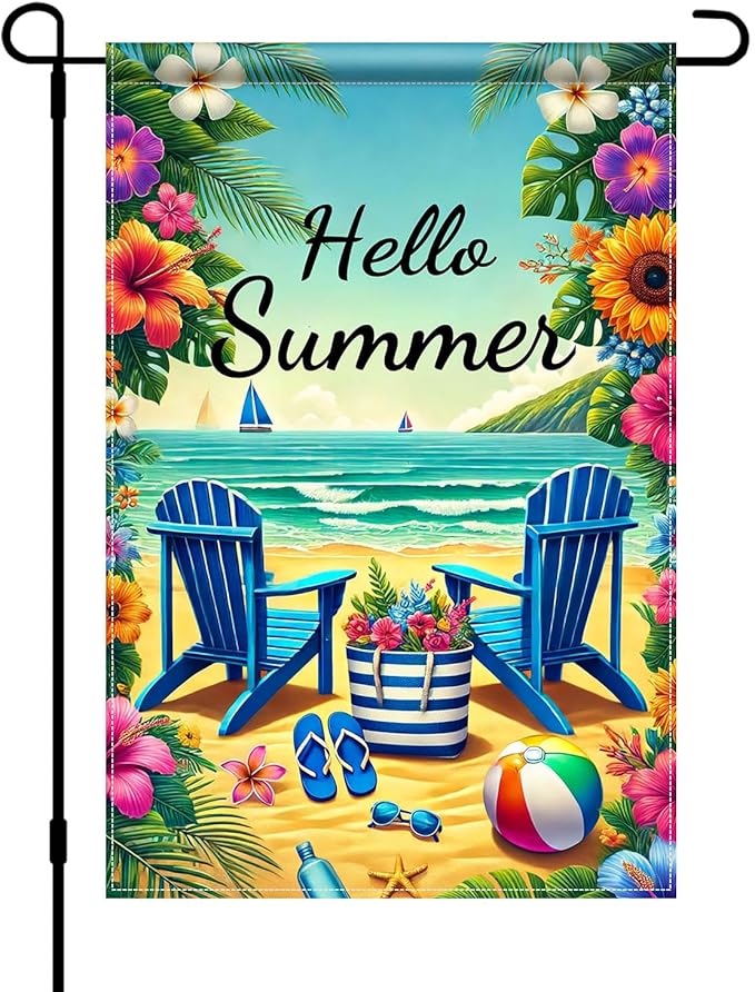 HOMETITUTE Hello Summer Garden Flag Beach Chair Sunset Sea 12x18 Inch Double Sided Welcome Small Seasonal Holiday Yard Outdoor Sign Outside Home House Beach Party Decorations