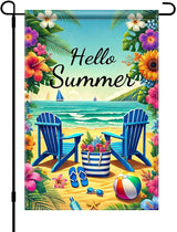 HOMETITUTE Hello Summer Garden Flag Beach Chair Sunset Sea 12x18 Inch Double Sided Welcome Small Seasonal Holiday Yard Outdoor Sign Outside Home House Beach Party Decorations