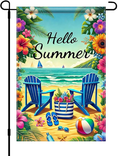 HOMETITUTE Hello Summer Garden Flag Beach Chair Sunset Sea 12x18 Inch Double Sided Welcome Small Seasonal Holiday Yard Outdoor Sign Outside Home House Beach Party Decorations
