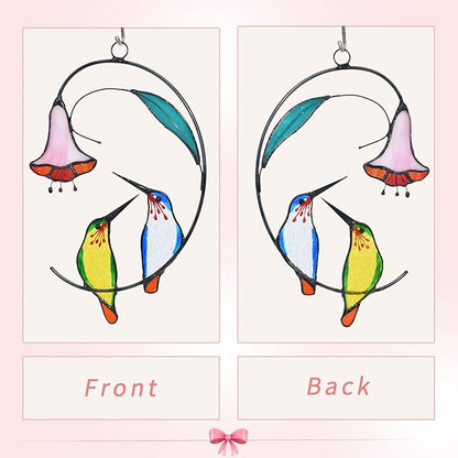 Lolitarcrafts Hummingbird with Flower Stained Glass Suncatcher Bird Stained Glass Window Hangings Hummingbird Gift for Home Decor (Green and Blue)