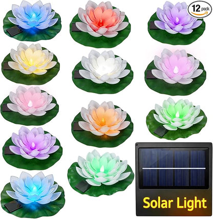 12 PCS Solar Powered Floating Lotus Lights - 7.09'' Waterproof Floating Flower Light, Solar Water Activated Colorful Pool Lotus Lamp for Garden Pond Wedding Anniversary Party Decor (Multicolor)