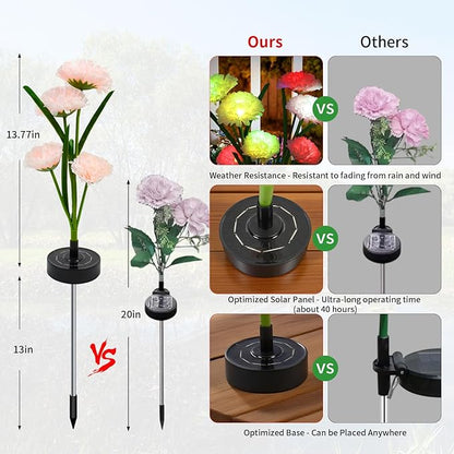 Solar Flowers Lights - Solar Garden Lights Outdoor Waterproof Carnations, 40 Hours Color Changing Solar Powered Outside Decor for Yard Patio Pathway Lawn, Gifts for Mom, 2pcs