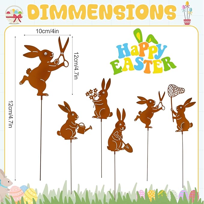 Leinuosen 5pcs Easter Bunny Garden Stakes 13 inch Metal Easter Yard Decor Rustic Rust Finish Outdoor Garden Stakes Bunny Silhouette Set for Lawn Planter Flower Pot Pathway Spring Decoration(Rusty)