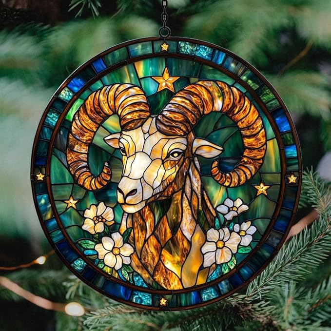 Vivid Aries Mosaic Floral Art Acrylic Suncatcher Stained Glass Effect Window Car Hanging Christmas Ornament Indoor Outdoor Decor Garden Sun Catcher Panel for Zodiac Lover for Women Mom Grandma