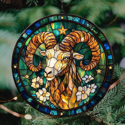 Vivid Aries Mosaic Floral Art Acrylic Suncatcher Stained Glass Effect Window Car Hanging Christmas Ornament Indoor Outdoor Decor Garden Sun Catcher Panel for Zodiac Lover for Women Mom Grandma