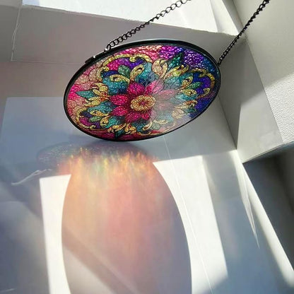Bohemian Mandala Stained Glass Window Hanging Sun Catcher Indoor Outdoor Home Garden Panel Hangings Gift for Kits Adults (Red)