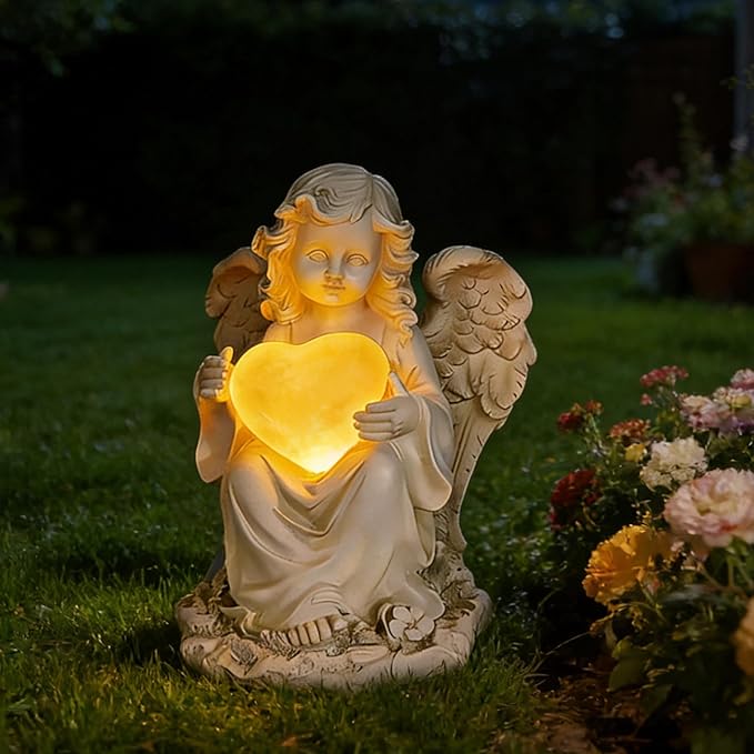 VEEKI Solar Angel Garden Statue Outdoor, Praying Angel Statues Solar Figurine Lights Outdoor Waterproof, Resin Angel Sculpture for Garden Yard Lawn Grave Cemetery Decor, Gift for Mom Grandma Women