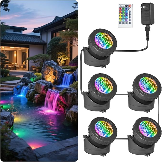 T-SUN Submersible LED Pond Lights, Color Changing Underwater Spotlights with Remote & Memory, IP68 Waterproof for Fish Tank, Aquarium, Garden Fountain, Pool(5 Light Heads)