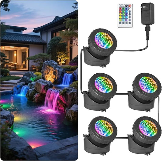 T-SUN Submersible LED Pond Lights, Color Changing Underwater Spotlights with Remote & Memory, IP68 Waterproof for Fish Tank, Aquarium, Garden Fountain, Pool(5 Light Heads)