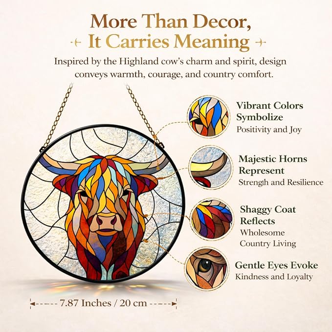 Highland Cow Suncatcher Window Hanging, 7.87" Stained Glass Decor, Meaningful Gift for Family, Friends and Loved Ones, Rustic Home Decor for Window, Wall, Living Room, Sunroom and Garden