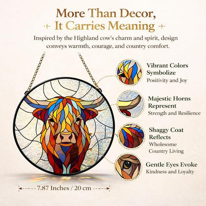 Highland Cow Suncatcher Window Hanging, 7.87" Stained Glass Decor, Meaningful Gift for Family, Friends and Loved Ones, Rustic Home Decor for Window, Wall, Living Room, Sunroom and Garden