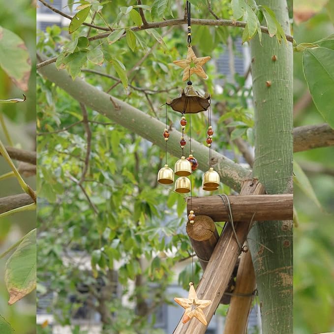 BWinka Star Wind Chimes for Outside with 5 Brzone Chime Bells, Rustic Wind Chime Hanging Decor for Garden Patio Yard