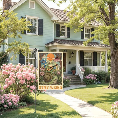 Stay Weird Garden Flag Double Sided Yard Outdoor Decoration 12x18 Inch, Retro Tarot Frog Outdoor Yard Garden Flag, Spring Floral Frog Home Decor Banner, Home Gifts for Gardening Enthusiasts