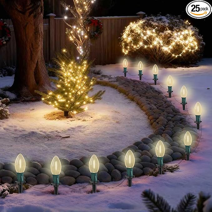 38FT LED Outdoor Christmas Pathway Lights,25 Warm White Extendable Waterproof Christmas Walkway Lights with C9 LED Bulbs and Stakes for Walkway Backyard Snowfield Xmas Decorations