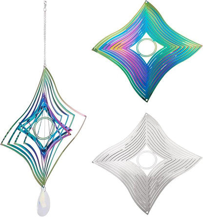 Stainless Steel Reflective Wind Spinners Outsides 3D Twisted Wind Chimes Gradient Rhombus Etched Metal Embellishments for Outdoor Indoor Garden Hanging Decor 2Pcs