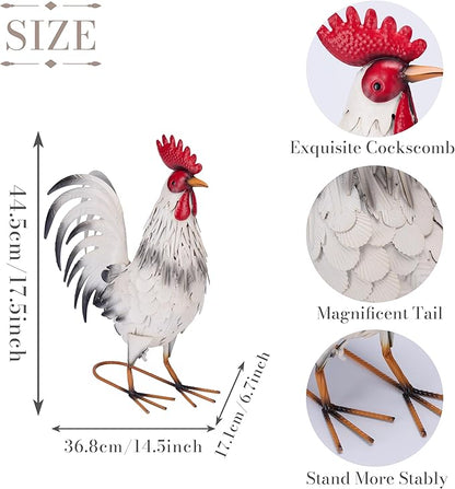 TERESA'S COLLECTIONS Garden Decor, White Rooster Garden Decor, Waterproof Metal Garden Statue, 17.5", Rooster Gifts, Garden Gifts for Women Mom Dad, Indoor/Outdoor
