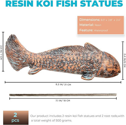 Set of 2 Antique Koi Fish Garden Statues, Outdoor Koi Fish Art Statues, Fish Sculptures for Patio, Yard, Lawn, Pond, Garden Decoration