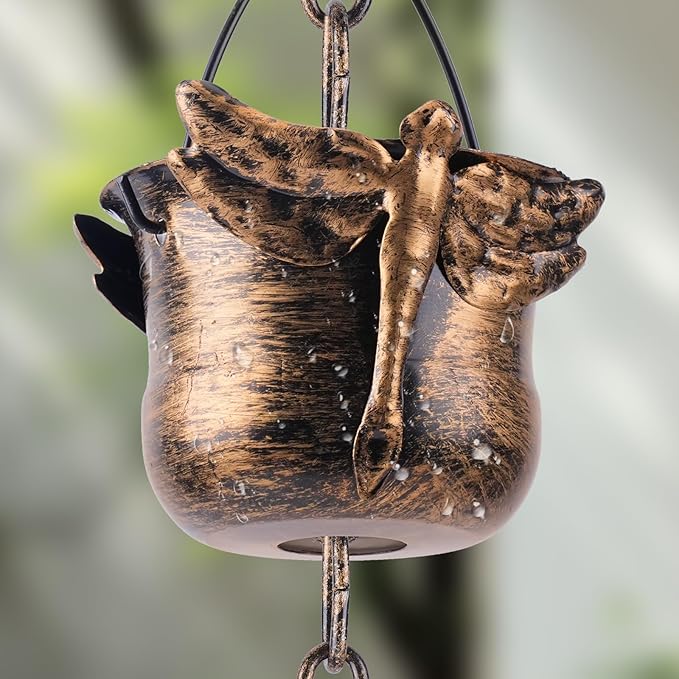 Dragonfly Bronze Cup Rain Chain, 105.5" Metal Rain Catcher Chain for Gutters, Decorative Outdoor Rain Chain with Vintage Finish, Garden Yard Patio Downspout Diverter Ornament