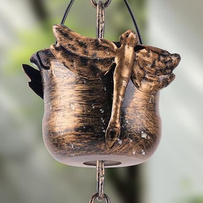 Dragonfly Bronze Cup Rain Chain, 105.5" Metal Rain Catcher Chain for Gutters, Decorative Outdoor Rain Chain with Vintage Finish, Garden Yard Patio Downspout Diverter Ornament