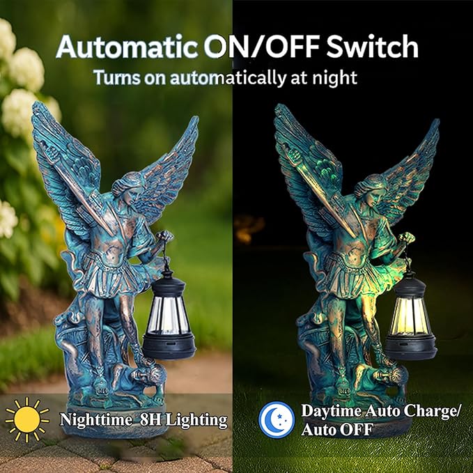 Solar San Miguel Arcangel Outdoor Garden Decor Statues 12.4" Solar St Michael the Archangel Satue for Yard Patio Lawn Porch Decorations Resin St Michael Figurine Religious Collection Sculptures Gifts