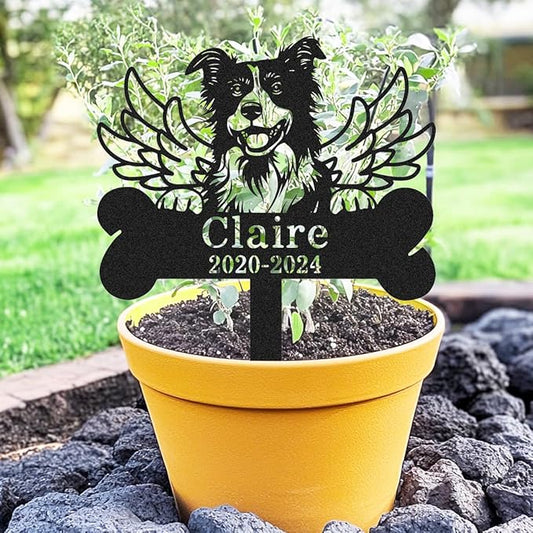 Personalized Border Collie Dog Memorial Stake Metal Engraved Sign Grave Marker with Wings, Custom Dog Statue Memorial Plaque Border Collie Outdoor Cemetery Garden Stake Yard Sign with Bone