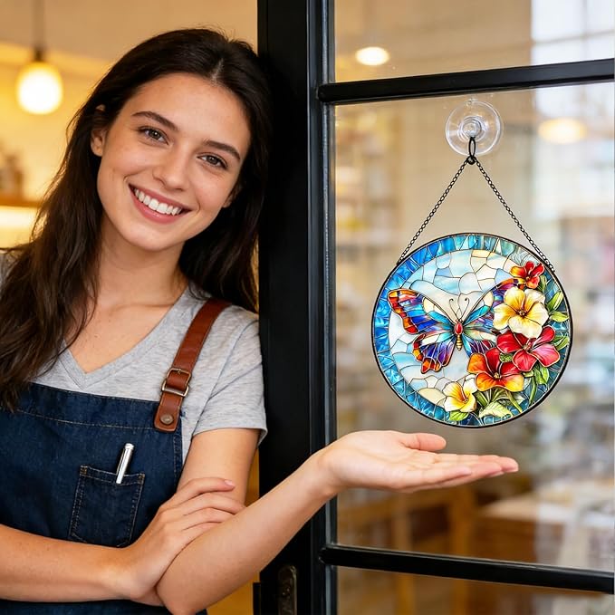Butterfly Stained Glass Sun Catcher for Window Hanging, Blue Butterfly Suncatcher for Indoor Window Decoration, Stained Glass Window Hanging for Women, Mom 7.9"