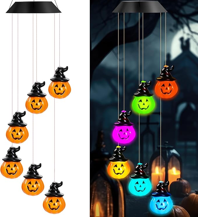 GlikCeil Halloween Solar Wind Chimes 27.5Inch Halloween Decorations Outside Waterproof Hanging LED for Yard, Porch, Patio, Party, Color Changing Eyeballs Ghost Lights (Pumpkin)