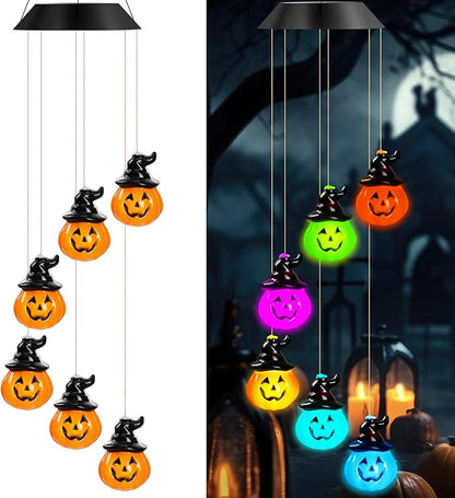 GlikCeil Halloween Solar Wind Chimes 27.5Inch Halloween Decorations Outside Waterproof Hanging LED for Yard, Porch, Patio, Party, Color Changing Eyeballs Ghost Lights (Pumpkin)