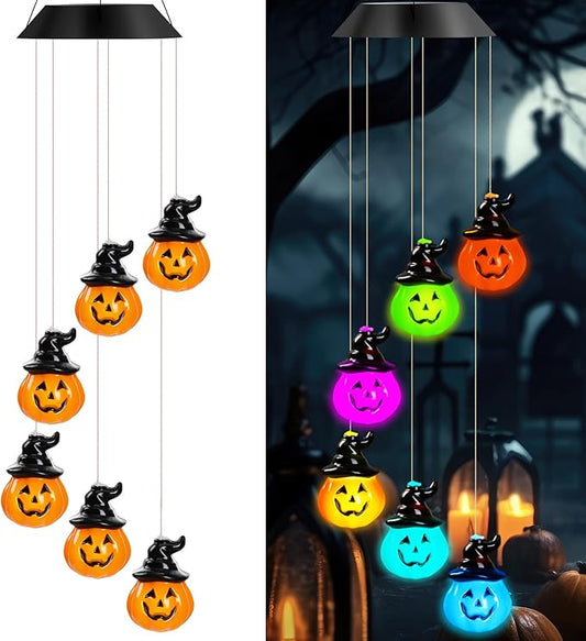 GlikCeil Halloween Solar Wind Chimes 27.5Inch Halloween Decorations Outside Waterproof Hanging LED for Yard, Porch, Patio, Party, Color Changing Eyeballs Ghost Lights (Pumpkin)
