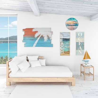 12 Inch Outdoor Clock Waterproof – Tempered Glass Wall Clock with Stunning Sunset Beach & Sand Scene, UV Resistant Coastal Decor for Patio, Pool, Garden, Porch & Bathroom