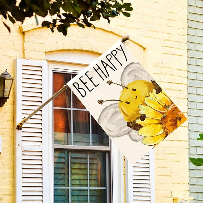 AVOIN colorlife Summer Bee Happy House Flag 28x40 Inch Double Sided Outside, Sunflower Party Holiday Burlap Yard Outdoor Decoration