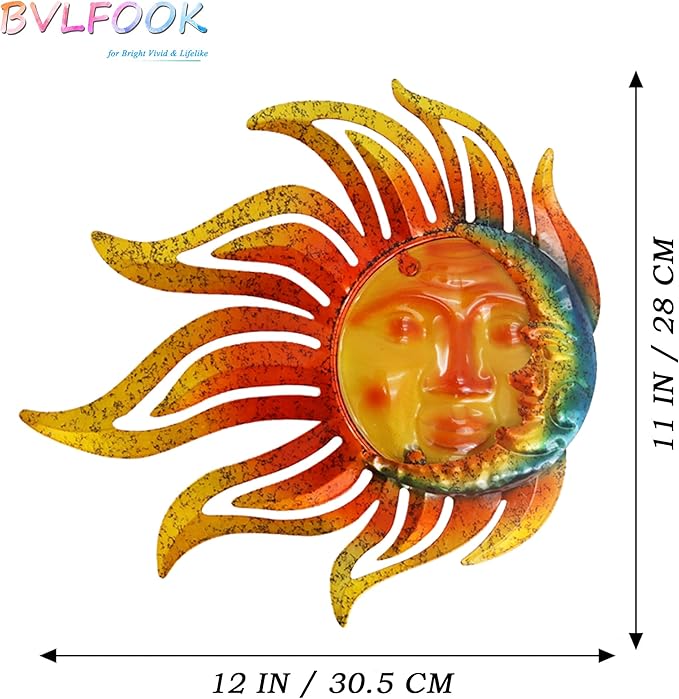 Metal Sun Moon Wall Art Decor, 12 Inch Retro Hanging Decor With Glass, Flame Sun Valentine Wall Decorations For Patio Yard Garden Fence Living Room Bedroom