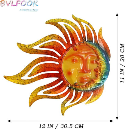 Metal Sun Moon Wall Art Decor, 12 Inch Retro Hanging Decor With Glass, Flame Sun Valentine Wall Decorations For Patio Yard Garden Fence Living Room Bedroom