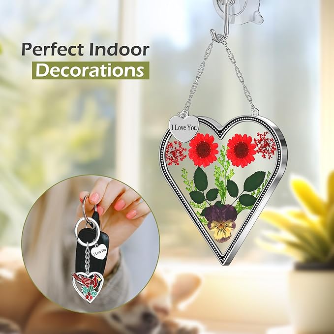 KY&BOSAM Heart Suncatcher I Love You Stained Glass Wind Chime for Windows Pressed Flower Between Heart in Glass and Metal Engraved Charm Birthday Gift for Women Mom Mother's Day Valentine's Christmas