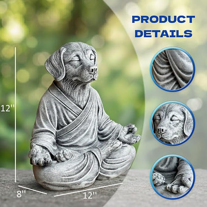 OLOMA Outdoor Indoor Meditating Dog Statue Thick Concrete Stone Sculpture with Protective Resin Coating Durable Heavy Lawn Patio Entryway Meditation Room Decorative Accent Display Piece