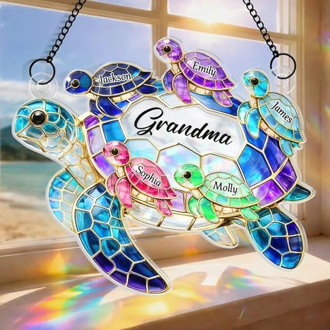 Personalized Sea Turtle Family Sun Catcher Gift for Mom Grandma, Custom Grandma and Grandkids Turtle Acrylic Window Hanging Decor Gift for Mothers Day, Faux Stained Glass Ocean Decor