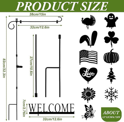 Garden Flag Stand Holder with 12 Interchangeable Seasonal Iron Decorations Yard Flag Holder Weather Proof Metal Powder Coated Flagpole with Clip Spring Stopper for Outdoor Garden Decor