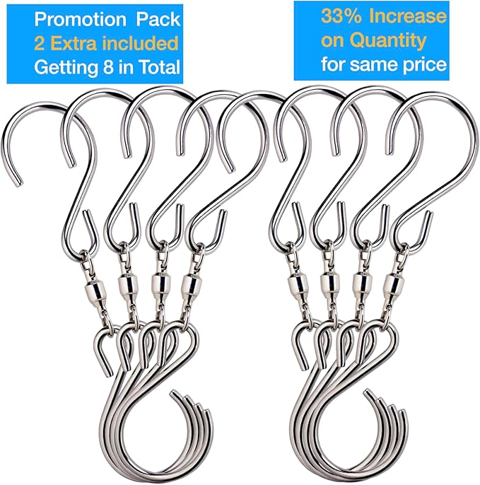 HS's Creation 6 Pack Dual Swivel S Hooks for Indoor Outdoor Organization Spinning Hanger Wind Chimes Spinner Prism Windsocks Hanging Plant Hanging Crystal Ornaments Rainbow Maker Pendant Etc.