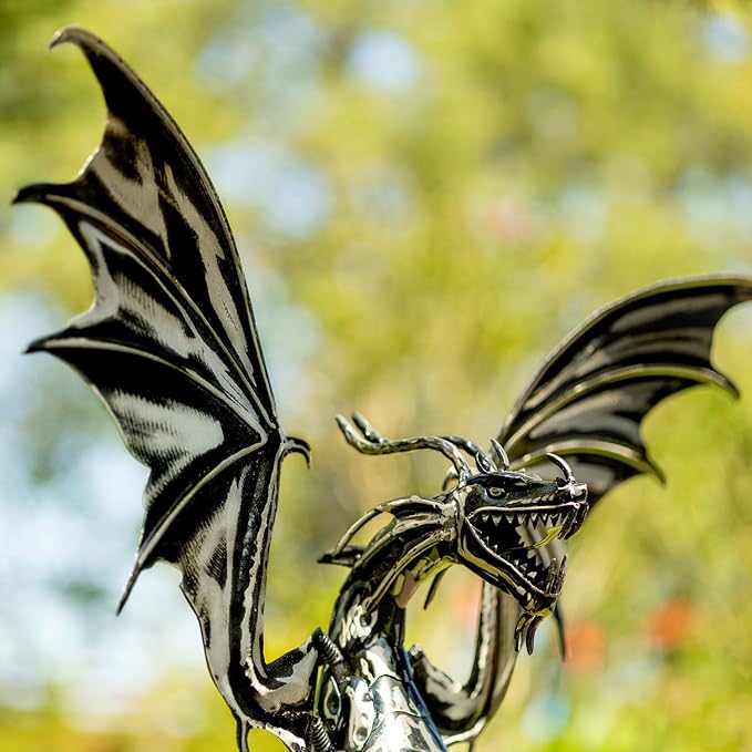 Zaer Ltd. Metal Dragon Rocking Garden Stake, Kinetic Wind Decor, Metallic Black Finish, Moving Wings (Tail Down Moonfyre)