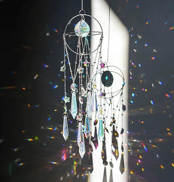 Crystal Sun Catcher Hanging Suncatchers Crystal Prisms Wind Chime Room Decor for Garden Home Windows Decoration (Silver Planet)